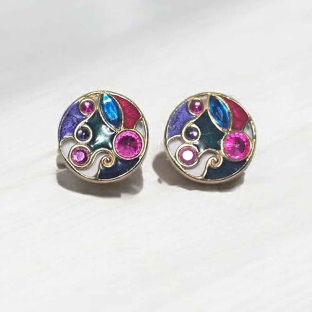 Beautiful Vintage Clip on Earrings Enamel and Gemstone Gold Tone